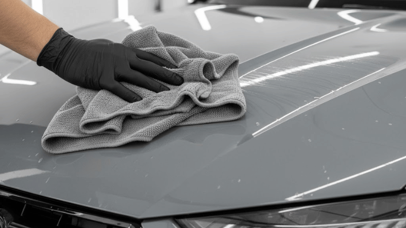A man is using a micro-fiber cloth to dry a Nardo Grey Audi.