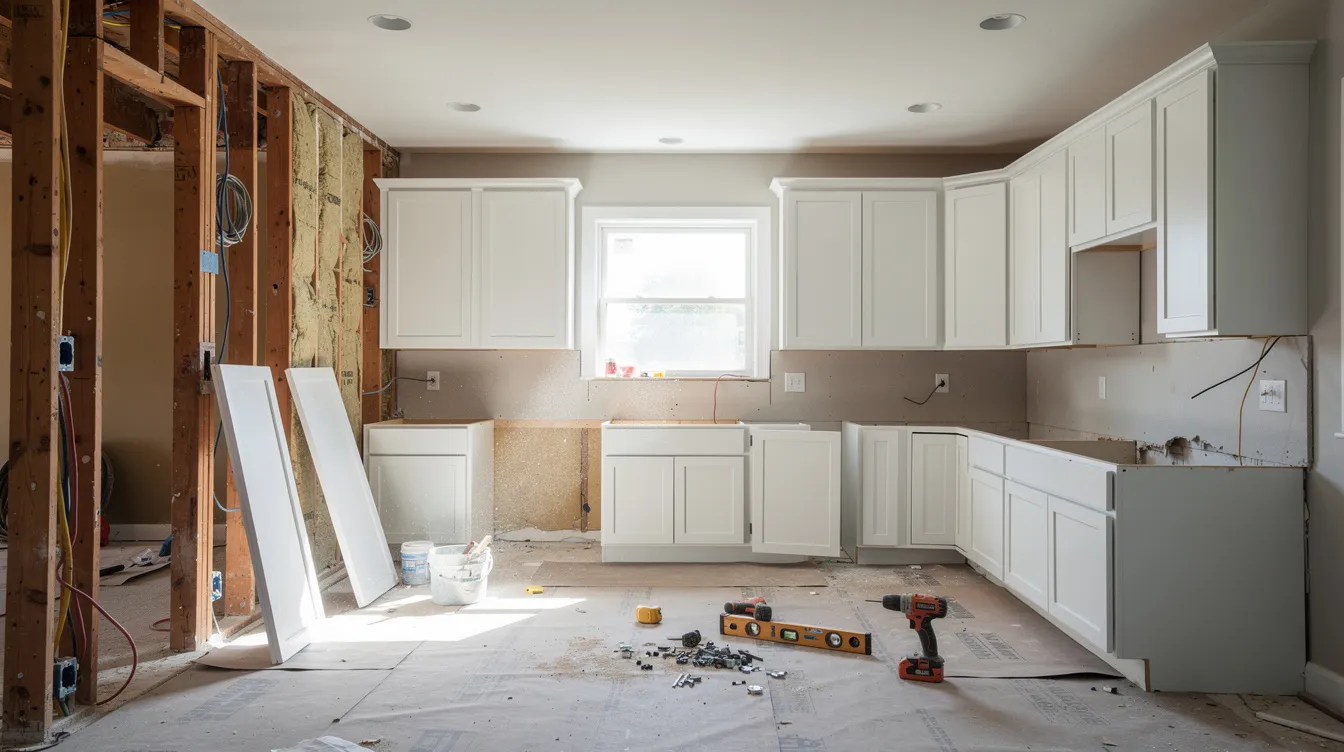 The image depicts a kitchen undergoing renovation, showcasing exposed framing and new cabinets being installed. This transformation highlights the potential for home improvements, which can be financed through options like a home equity line or a home equity loan to enhance your property's value.