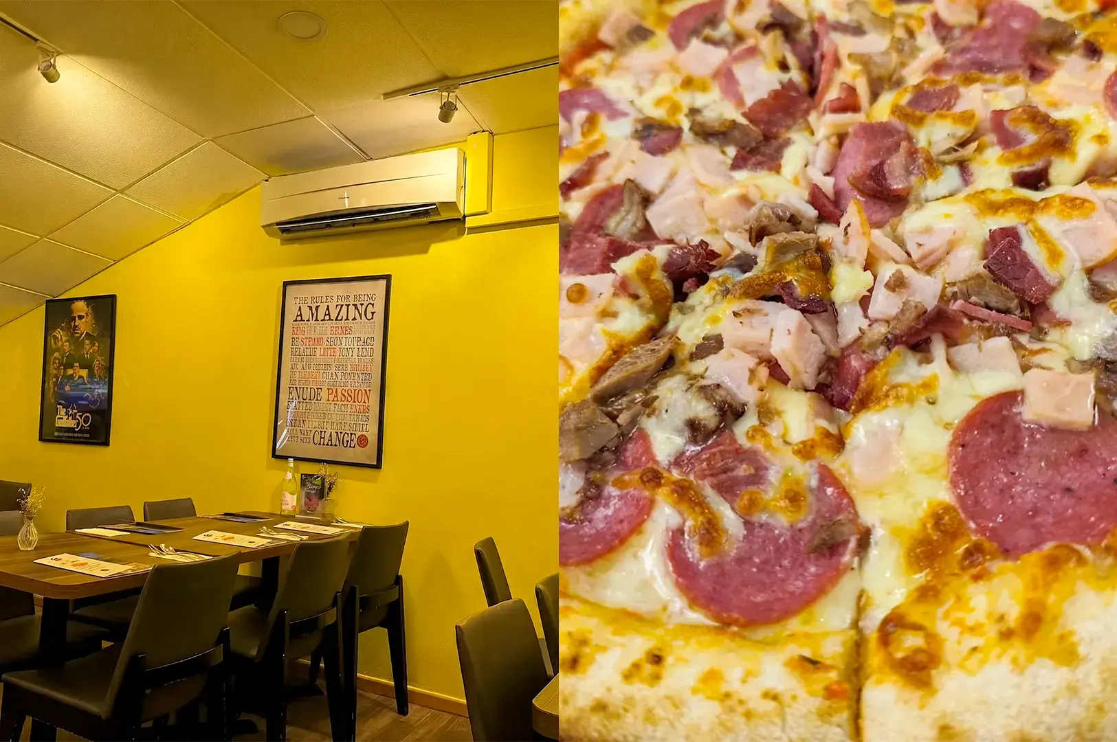 A split image showing the cozy interior of Positano Risto with yellow walls and dining tables on the left, and a close-up of a delicious meat-topped pizza on the right.