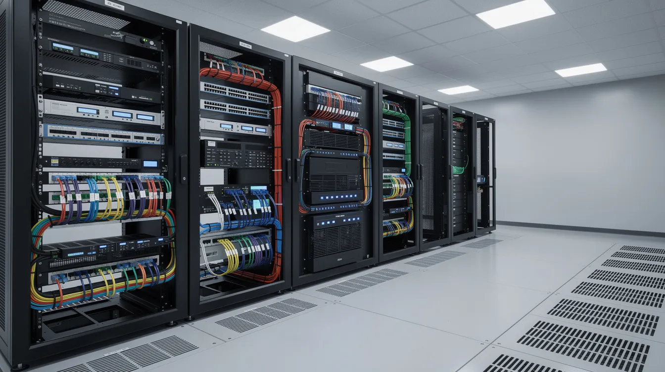 The image depicts a modern equipment room featuring organized cable management and rack-mounted network equipment, essential for efficient electrical systems in residential construction. This setup ensures high-speed internet connectivity and supports future upgrades, contributing to energy efficiency and overall project success.