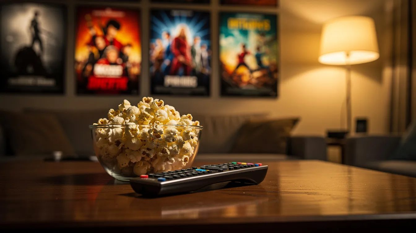 Das Bild zeigt ein gemütliches Filmabend-Setup mit einer Fernbedienung und einer großen Schüssel Popcorn auf einem Tisch. Warmes Lampenlicht sorgt für eine einladende Atmosphäre, während Filmplakate an der Wand im Hintergrund an die besten Filme aller Zeiten erinnern.