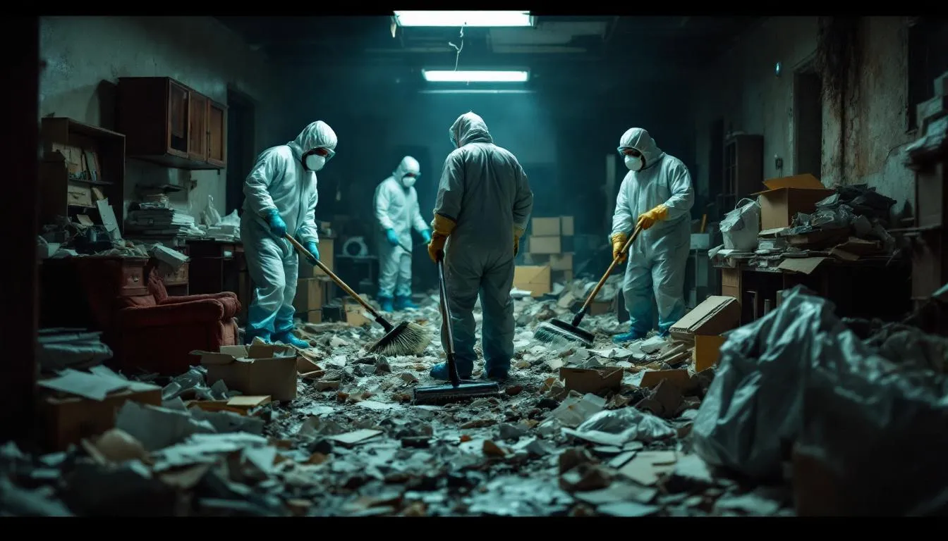 In the image, a professional cleanup team, dressed in protective gear, is actively working in a cluttered home filled with severe clutter and disarray, addressing a hoarding situation. Their efforts represent a crucial step in the cleanup process, providing hope and assistance to families dealing with hoarding disorder.