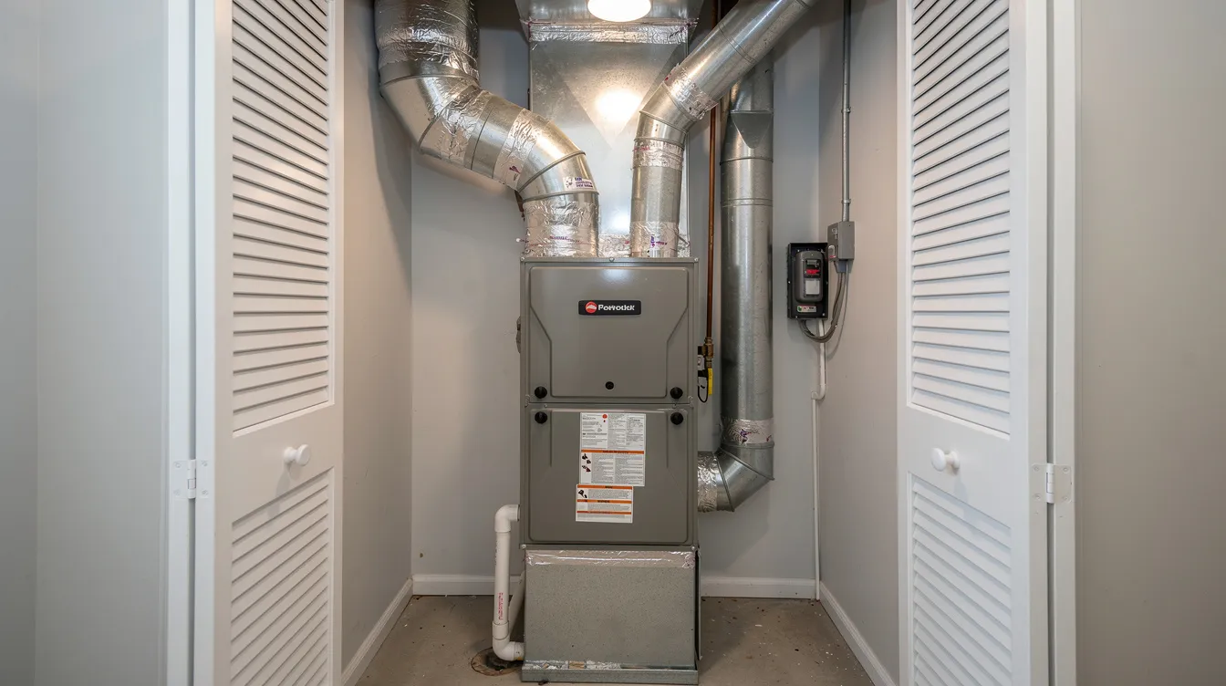 The image shows an indoor HVAC air handler unit installed in a residential utility closet, with visible ductwork connecting to the air conditioning system. This setup is essential for distributing cool air throughout the home, and may require maintenance such as evaporator coil replacement or air filter changes for optimal performance.