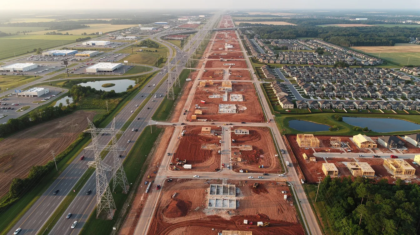 An aerial view showcases an expanding suburban corridor in Texas, featuring multiple construction sites and power infrastructure along a busy highway, indicative of the growth in data center projects and the rising power demand in the region. This image reflects the ongoing development of digital infrastructure necessary to support critical systems and the future needs of the community.