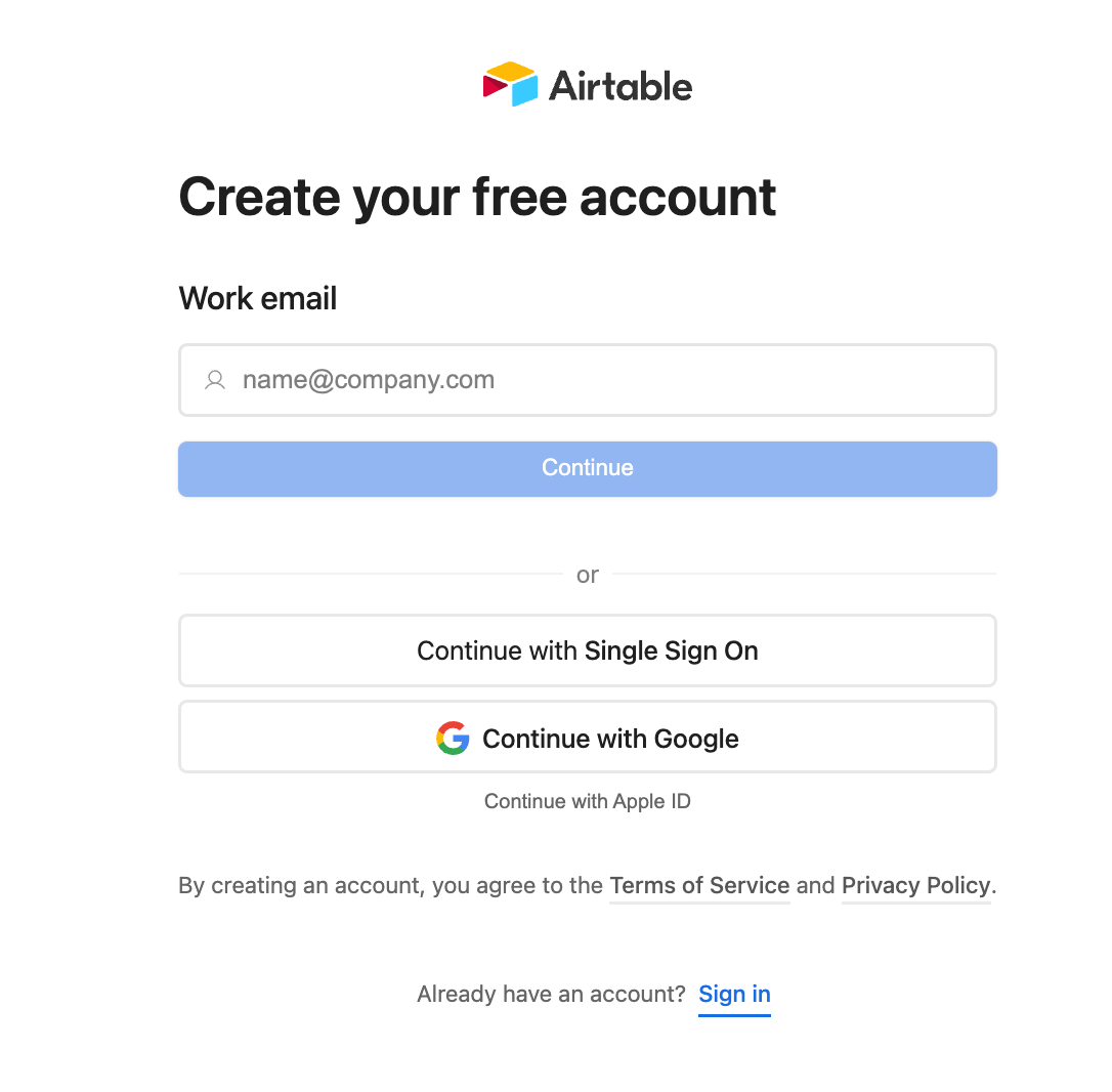 Airtable's first signup form.