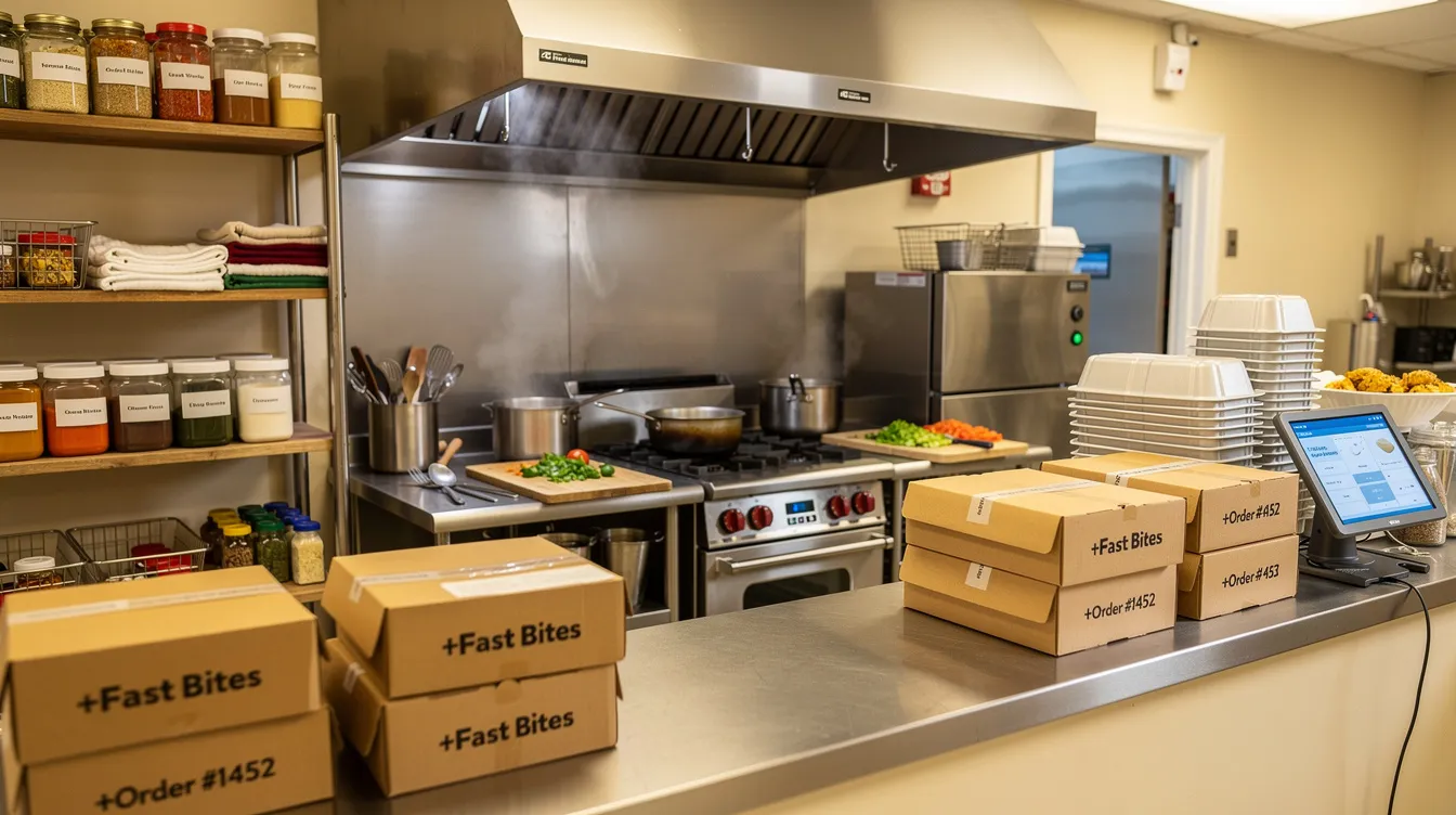 The image depicts a small food business kitchen, featuring various cooking equipment and neatly stacked delivery boxes, highlighting the bustling environment of micro enterprises. This setup reflects the entrepreneurial spirit supported by financial institutions through schemes like the Pradhan Mantri Mudra Yojana, which provides essential funding for small businesses.