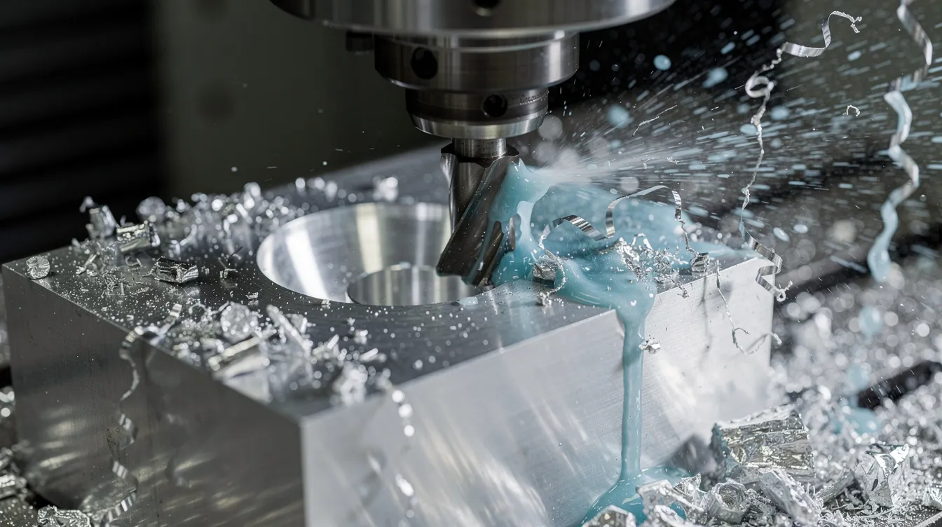 A close-up view of a CNC milling machine actively cutting through an aluminum block, with coolant spraying to cool the tool, while metal chips are flying around, showcasing the precision and efficiency of CNC technology in the manufacturing process. The image highlights the intricate operation of this complex machinery as it shapes the stock material.