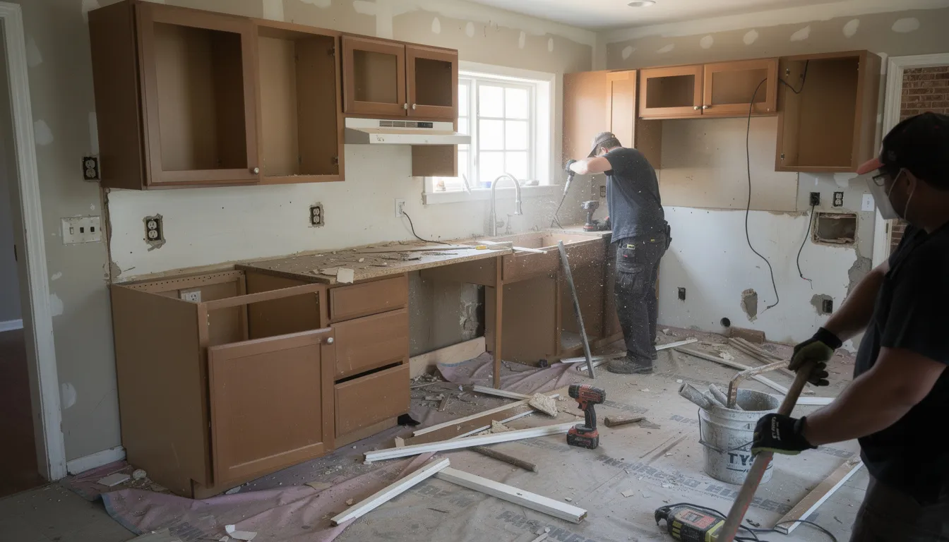 The image shows a kitchen demolition in progress, with existing cabinet boxes being removed to make way for new cabinetry. Tools and debris are scattered around, indicating a significant kitchen renovation project aimed at upgrading the space.