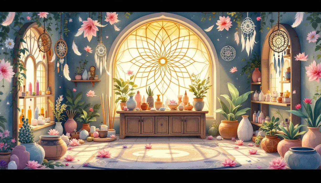A showcase of unique spiritual products available in a store.