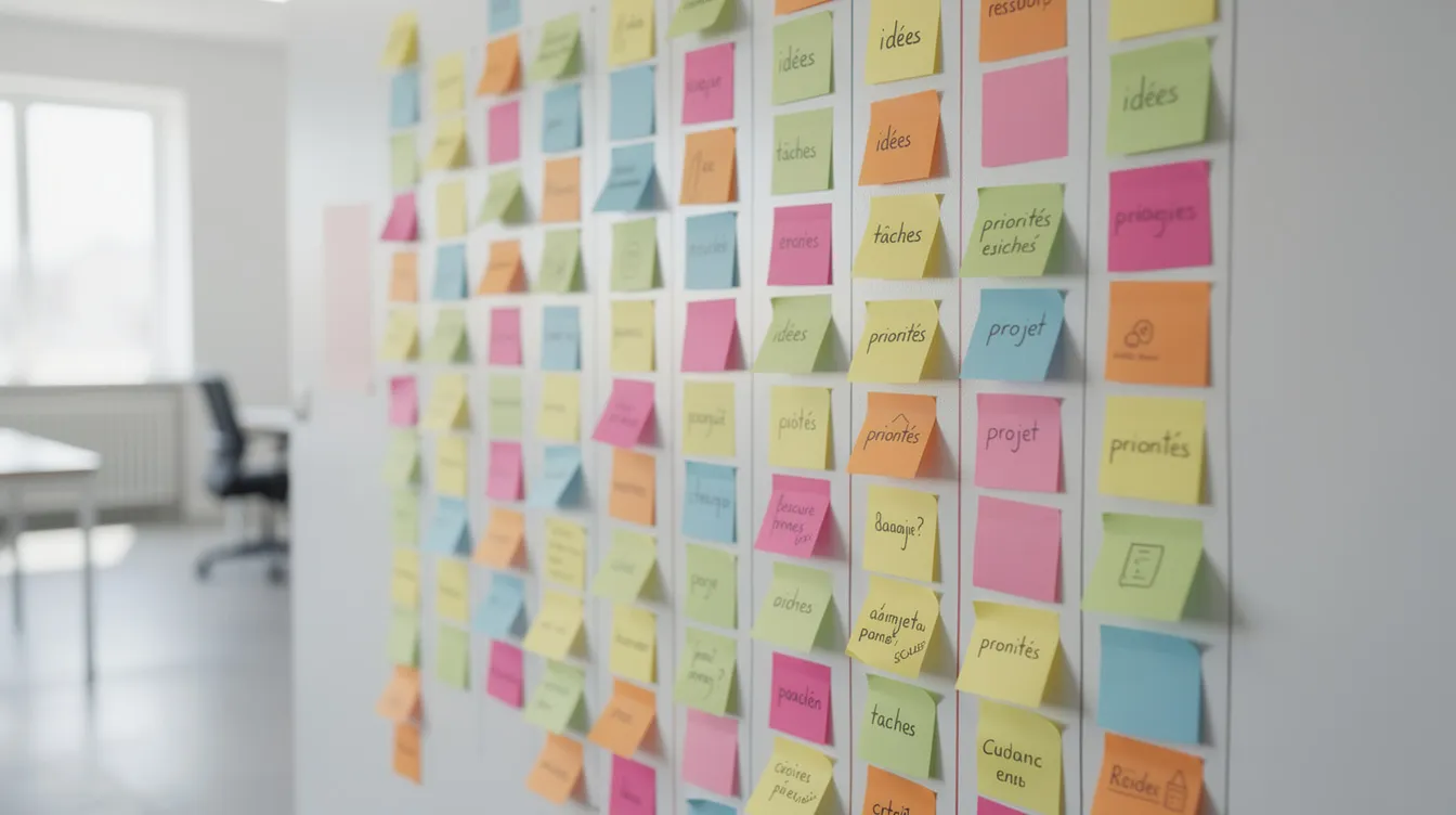 Des post-its colorés sont organisés en colonnes sur un mur blanc, illustrant un espace de travail collaboratif où les idées et les points de vue des équipes sont mis en valeur. Cette mise en place favorise l'intelligence collective et la prise de décision au sein de l'entreprise.