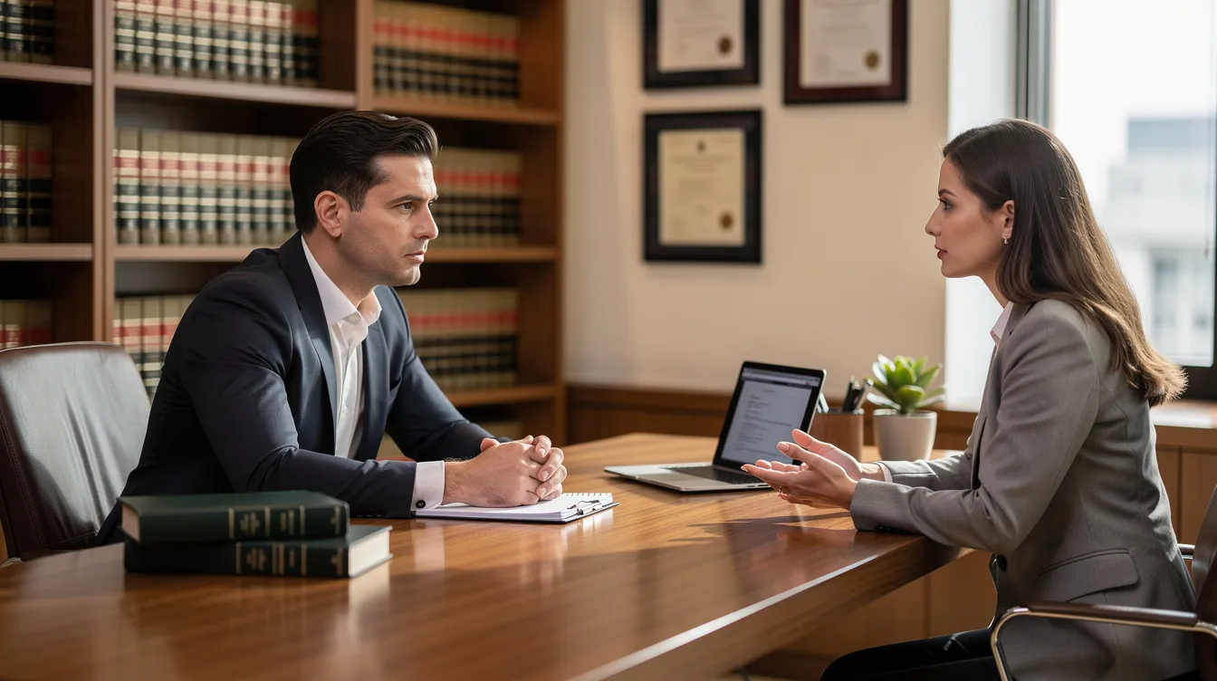 A professional attorney is sitting at a desk in an office, discussing a case with a client. The atmosphere is serious as they address the implications of accidents, including potential injuries from explosions in Houston, and the attorney is focused on helping the client understand their options for obtaining compensation for their situation.