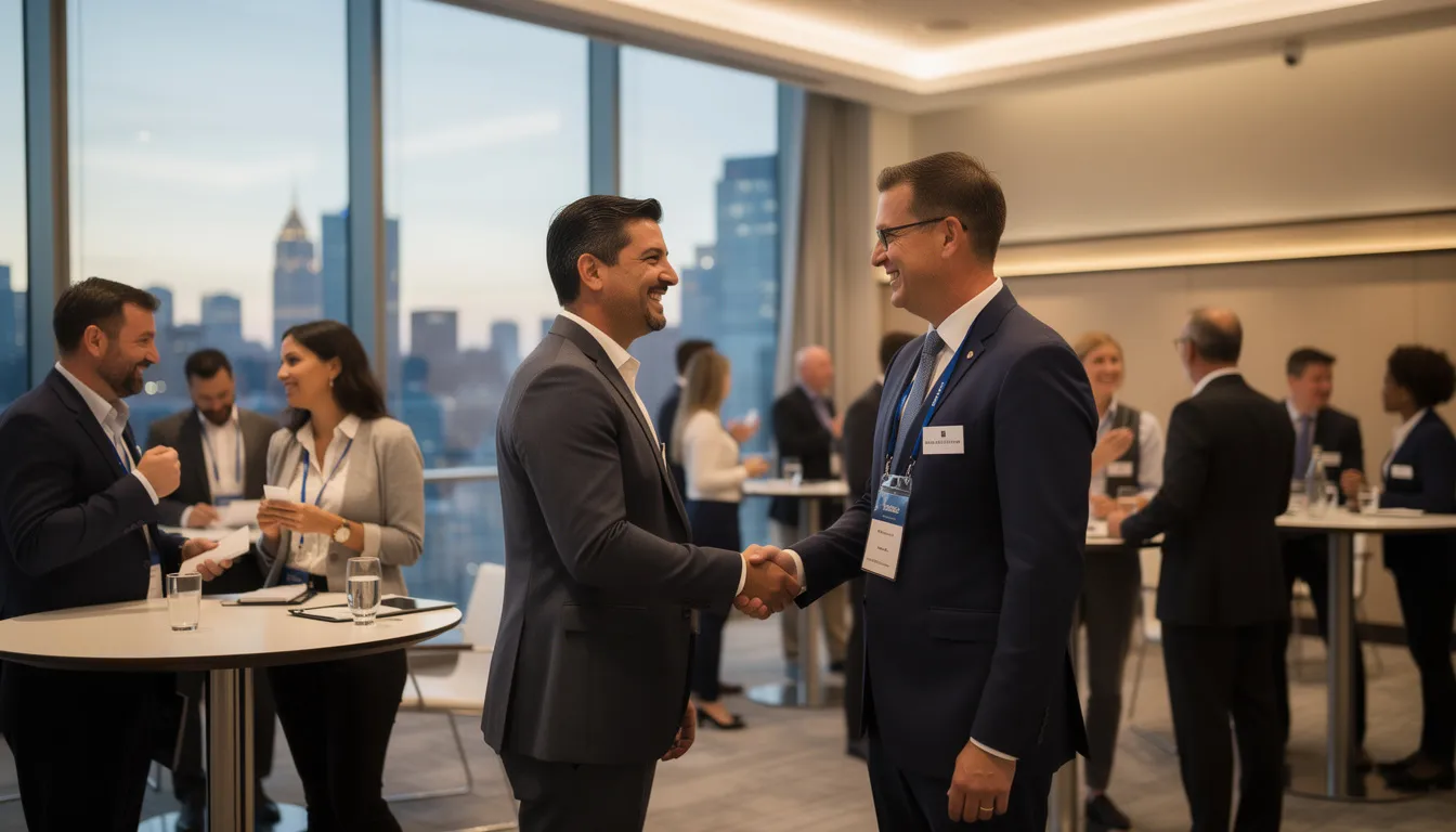 The image depicts a professional networking event where individuals, including real estate investors and property owners, are engaged in conversation and shaking hands, fostering relationships that could lead to potential deals in the real estate market. This gathering emphasizes the importance of networking for those involved in foreclosure processes and distressed properties.