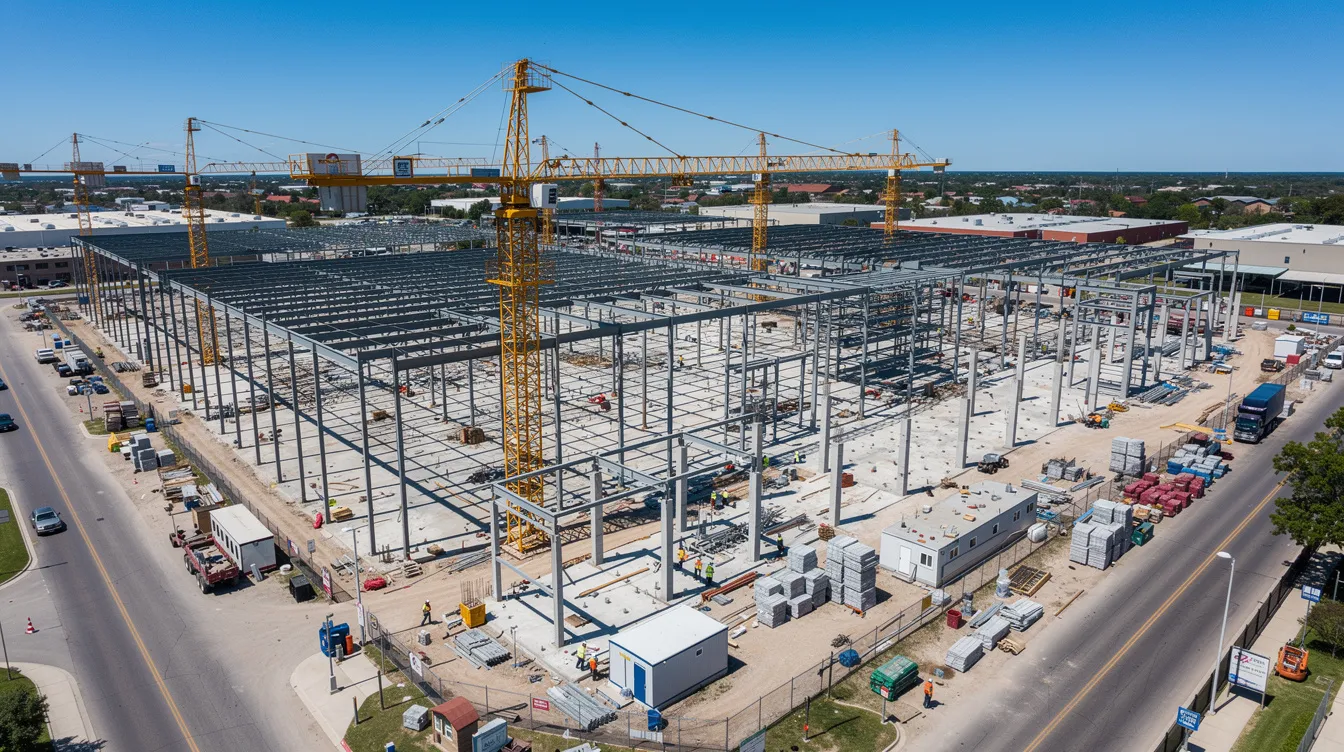 An aerial view showcases a large commercial construction site in Tennessee, featuring steel framing and multiple cranes under a clear sky, highlighting the dynamic nature of the construction industry. The scene emphasizes the importance of construction site safety and effective safety practices to ensure a safe work environment for all workers involved.