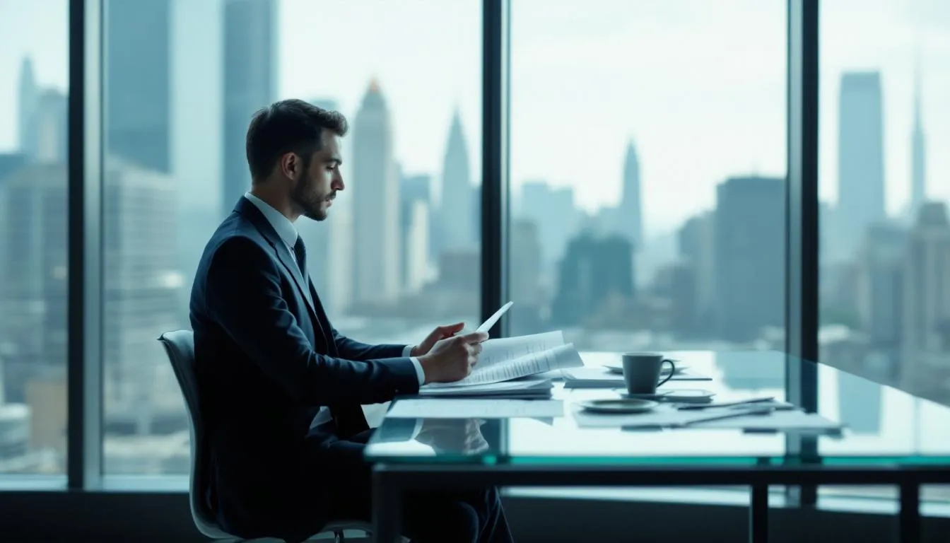 A person sits quietly in a sleek, modern architectural space, appearing thoughtful as they review documents and plans, embodying a growth mindset and self-motivation. The serene environment reflects an atmosphere conducive to focused business communication and strategic goal setting.