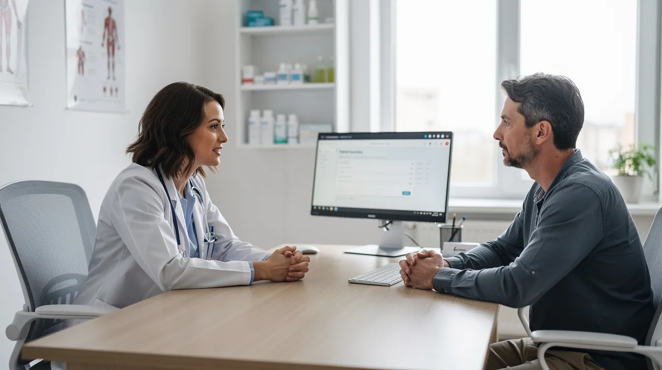 An image of a healthcare provider sitting at a desk in a clinic, engaging in a conversation with a patient about weight management and potential medications like semaglutide and tirzepatide for weight loss and glycemic control. The provider appears attentive, discussing the patient's health goals and treatment options in a supportive environment.