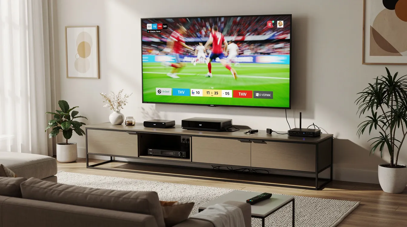 The image depicts a modern living room featuring a large smart TV showcasing a vibrant live sports broadcast, with various streaming devices placed on the entertainment center. This setup highlights the convenience of IPTV services for sports fans to watch live TV channels and enjoy premium sports events.
