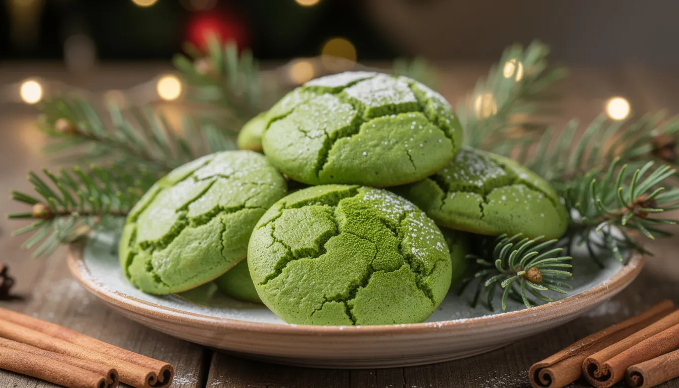 Auf einem festlichen Teller liegen leuchtend grüne Matcha Plätzchen, dekoriert mit Tannenzweigen und Zimtstangen. Die Kekse strahlen in ihrer intensiven Farbe und versprechen ein einzigartiges Geschmackserlebnis mit einem Hauch von grünem Tee und Süße.
