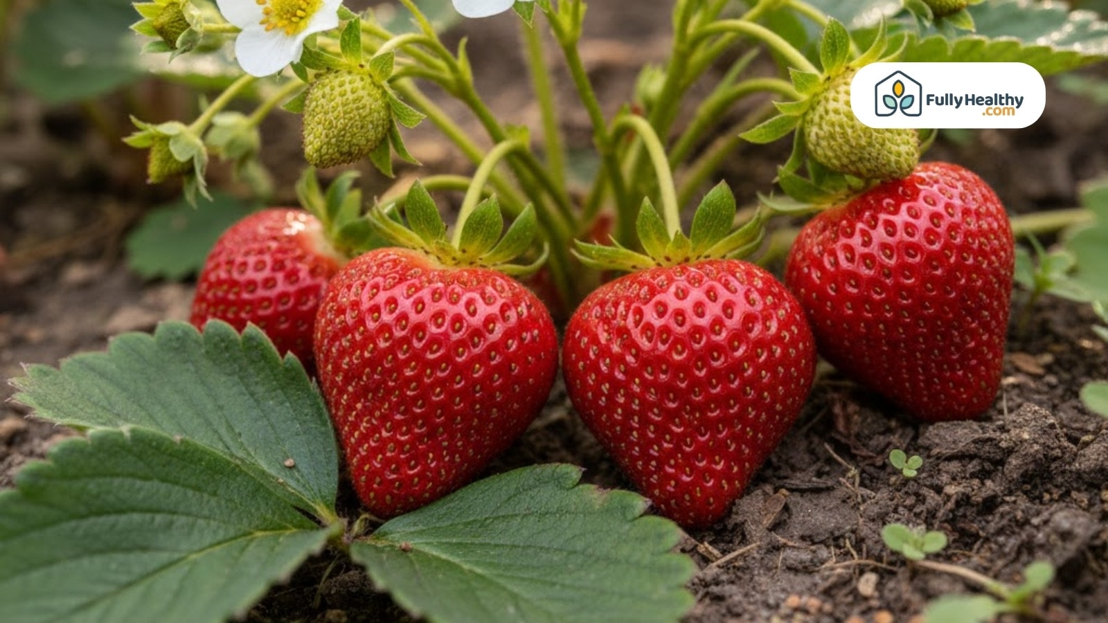 Fresh strawberries growing on plant with green leaves and unripe berries in soil