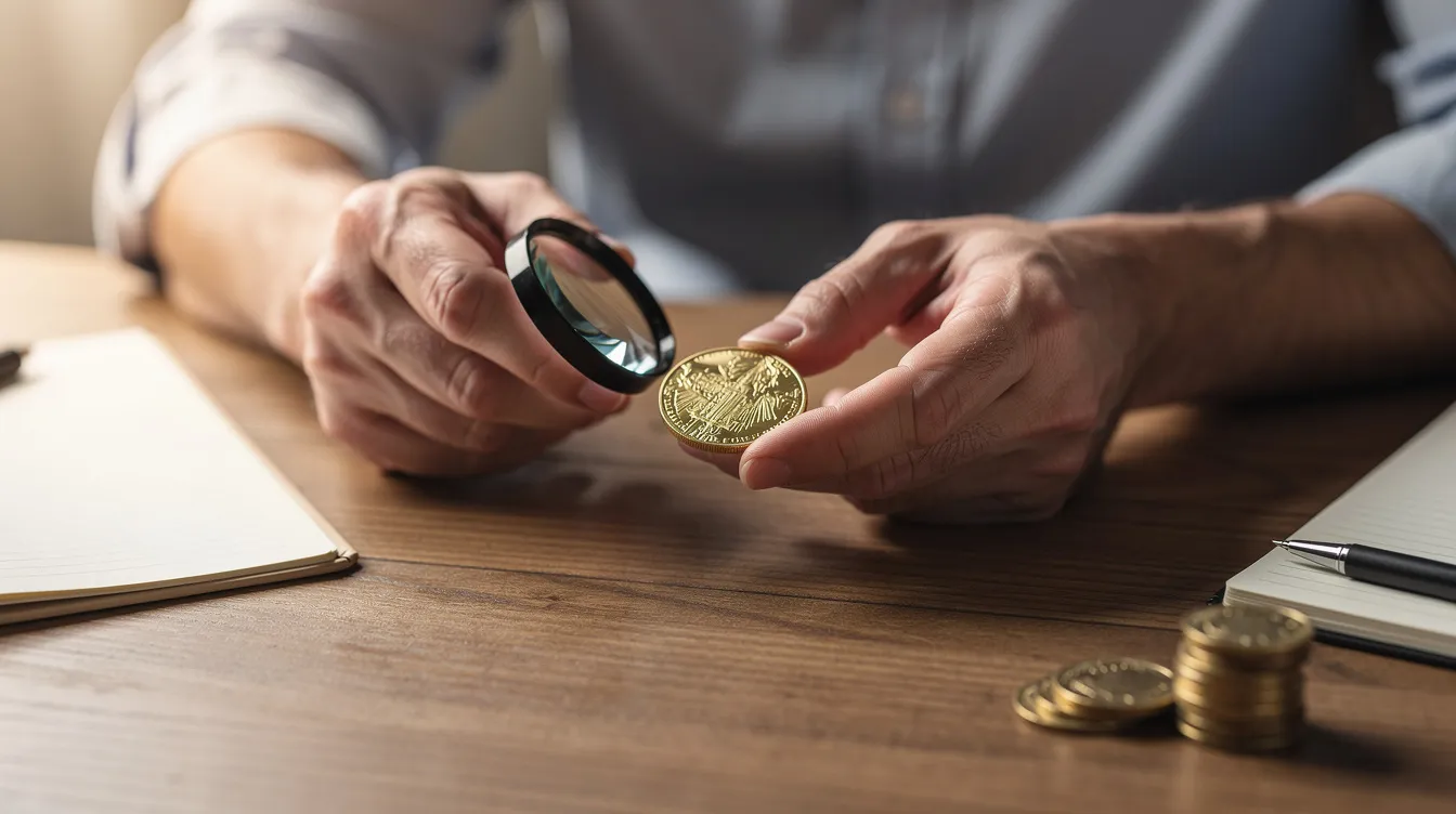 Eine Person untersucht sorgfältig eine Goldmünze mit einer Lupe auf einem Schreibtisch, um deren Wert und Echtheit zu überprüfen. Diese Handlung könnte für Anleger von Bedeutung sein, die sich mit dem Kauf und Verkauf von Edelmetallen wie Goldmünzen und Goldbarren beschäftigen.