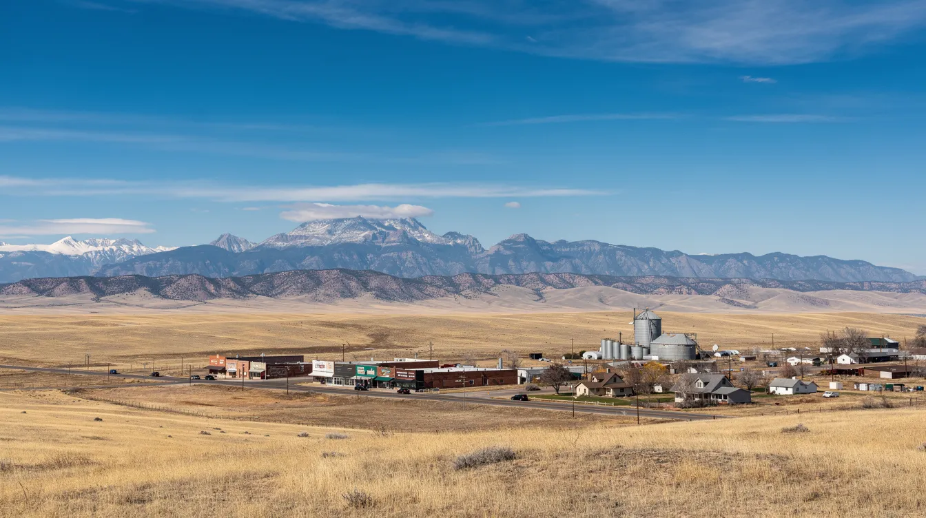 A wide view of the Wyoming open plains showcases a small town in the foreground, with a distant mountain range creating a stunning backdrop. The serene landscape reflects the vastness of the region, where Wyoming residents may seek legal assistance and explore options such as chapter 7 or chapter 13 bankruptcy to achieve a fresh financial start.