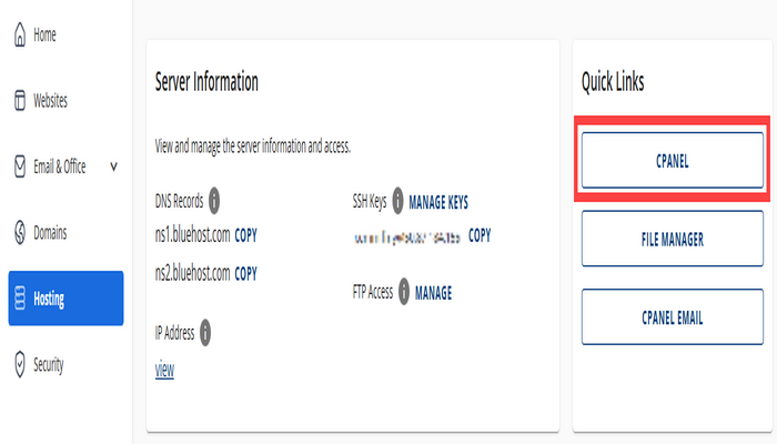 Cpanel button under Quick Links