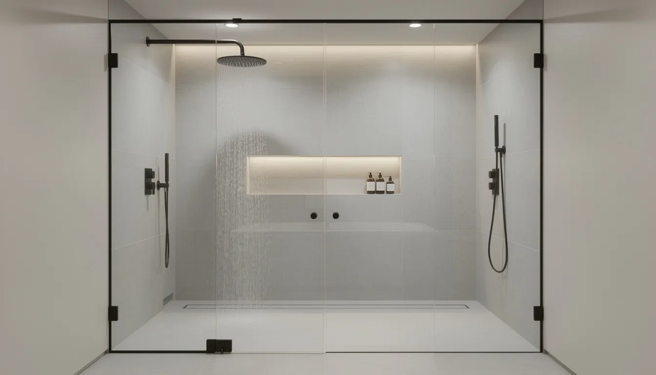 The image depicts a modern bathroom shower featuring a sleek design with a comfortable water flow, illuminated by bright lighting, ensuring a clean and inviting atmosphere. The setup highlights the importance of a well-functioning plumbing system, potentially incorporating a pressure reducing valve to maintain optimal water pressure and prevent fluctuations during use.