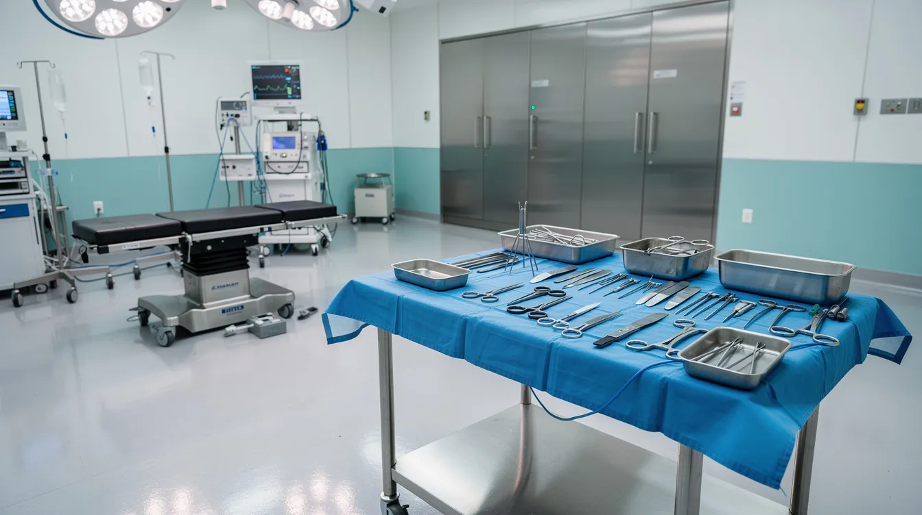 Imagen de un quirófano limpio y bien iluminado, con una mesa de acero que sostiene instrumental quirúrgico preparado para un procedimiento de cirugía de párpados. Este ambiente es ideal para realizar una blefaroplastia, donde se busca mejorar la apariencia de los párpados y eliminar las bolsas bajo los ojos.