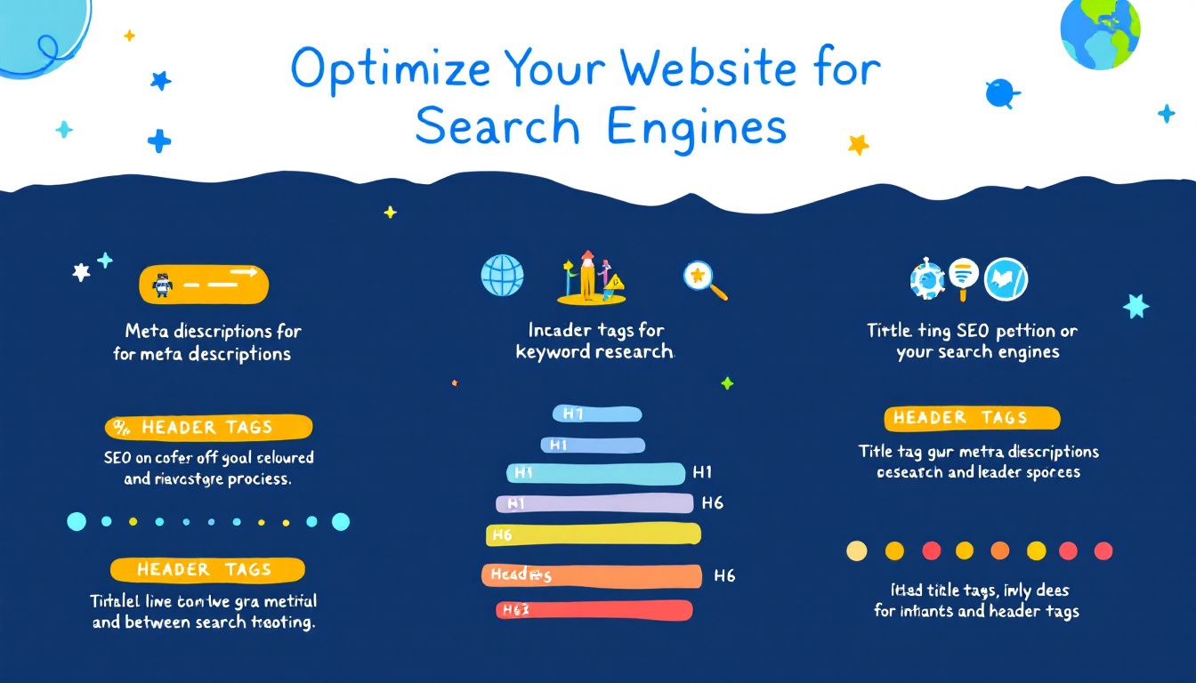 An illustration of on-page SEO elements including title tags, meta descriptions, and header tags.