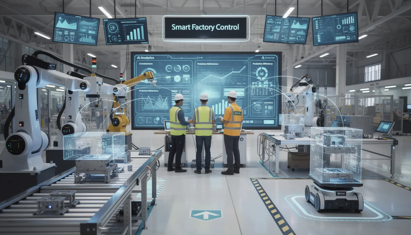 The image depicts a modern manufacturing facility where AI-powered automation is utilized to streamline processes and improve operational efficiency. Various robotic systems and AI tools are shown working alongside human workers, handling repetitive tasks and performing data analysis to enhance production quality and reduce human error.