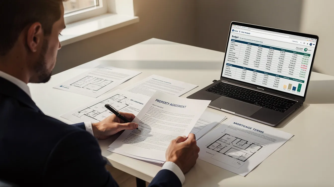 A person seated at a desk reviewing property documents while a laptop displays financial calculations related to a home equity line, including interest rates and monthly payment options