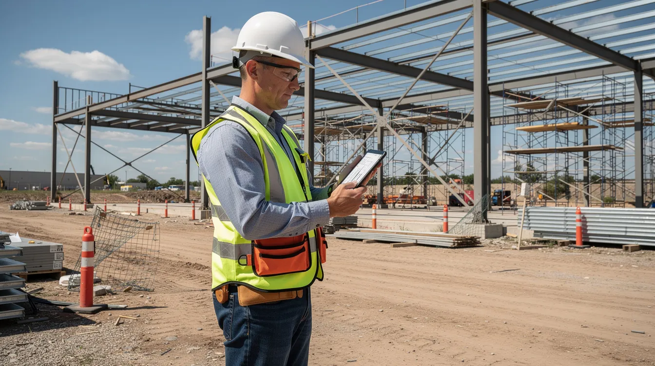 A construction project manager is intently reviewing plans on a tablet at a job site, with steel framing structures visible in the background. This scene highlights the skilled trades and the growth of the construction industry in Texas, reflecting current trends and the high demand for trade jobs in the next decade.
