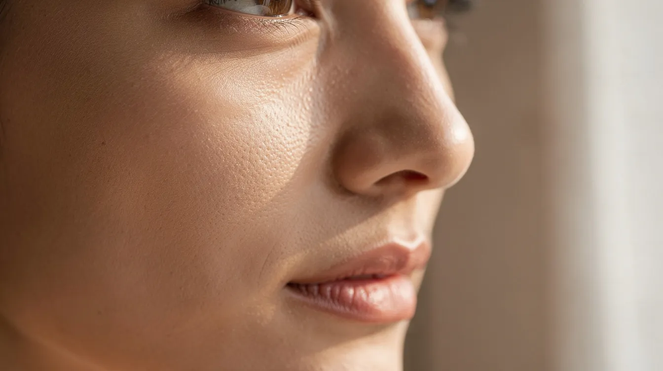 Close-up of a relaxed person's face in soft natural light, showing the under-eye and cheek area.