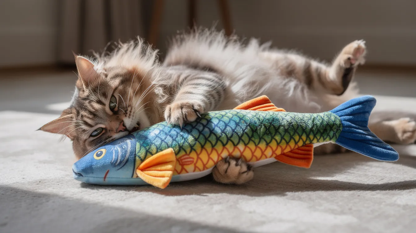 A playful cat lies on its side, gripping a long plush goldfish stuffed animal with its front paws while energetically kicking it with its hind legs. The scene captures the joy and fun of cats playing with their favorite kicker toys.