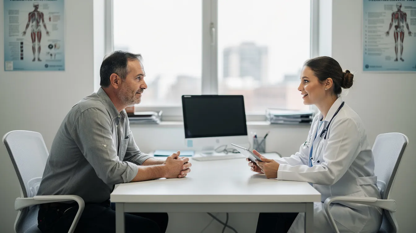 The image shows a middle-aged man discussing his health with a doctor in a modern medical office, likely exploring options for testosterone replacement therapy to address low testosterone levels and improve overall wellness. The setting conveys a professional atmosphere, emphasizing the importance of medical treatment for hormone-related conditions.