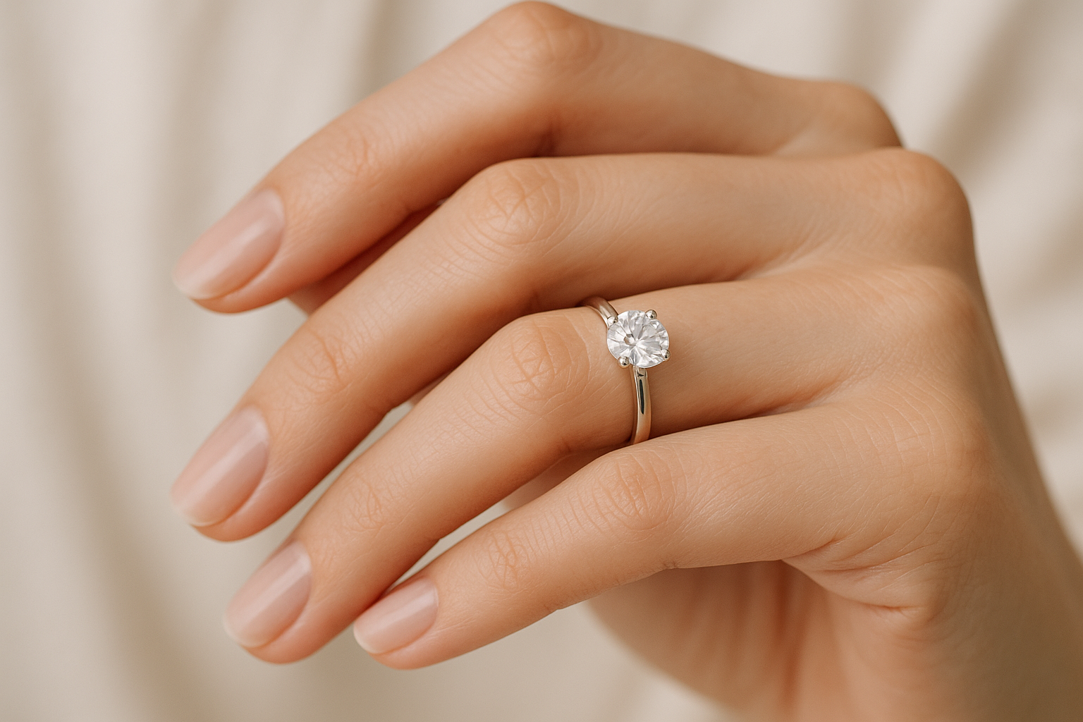 Ant rankos dėvimas klasikinis sužadėtuvių žiedas su apvaliu deimantu, spindinčiu natūralioje šviesoje