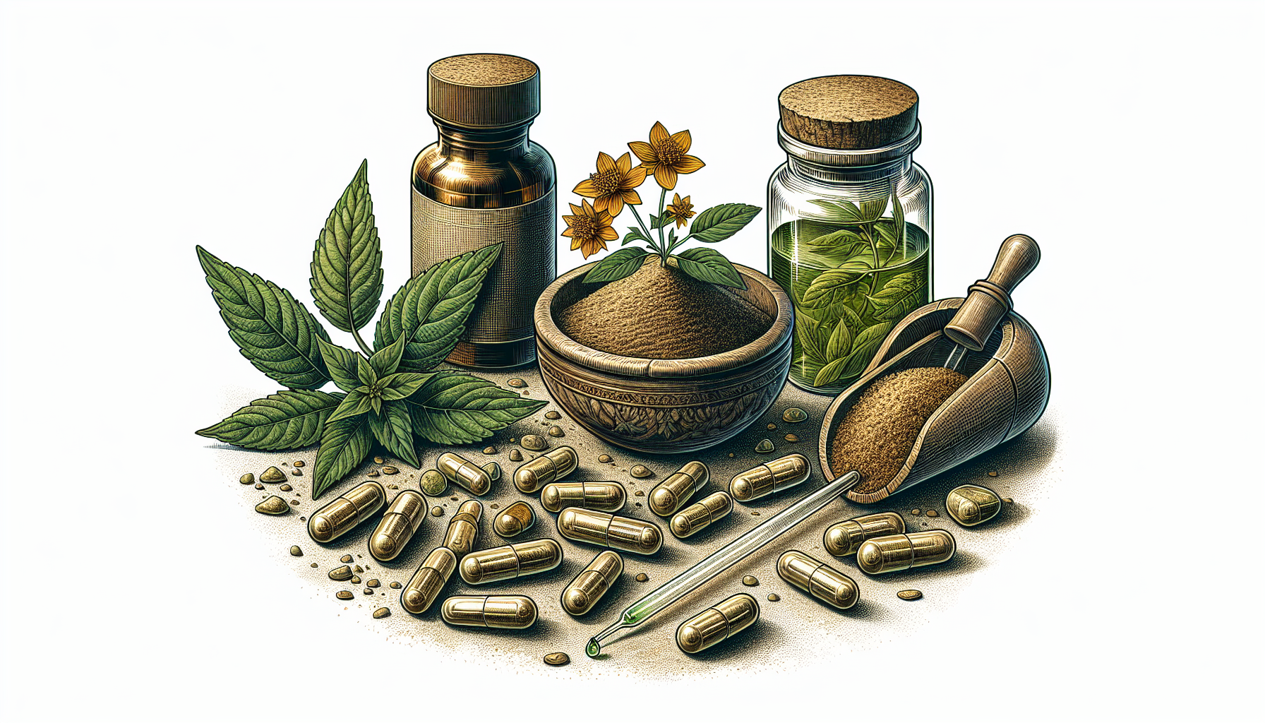 Illustration comparing ashwagandha extracts, powders, and capsules