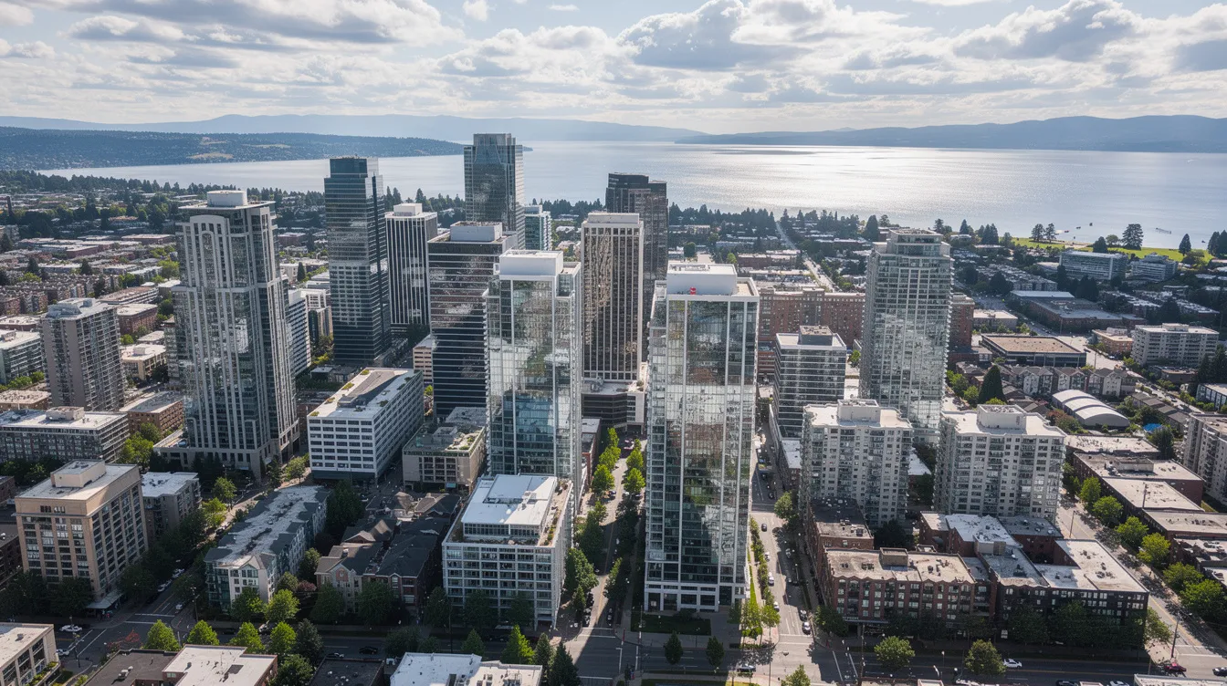 An aerial view of Bellevue, Washington showcases the cityscape with Lake Washington in the background under a partly cloudy sky. This vibrant scene highlights the beautiful Bellevue neighborhoods, which are home to many residents who may rely on local emergency plumbers for plumbing emergencies like burst pipes or water heater failures.