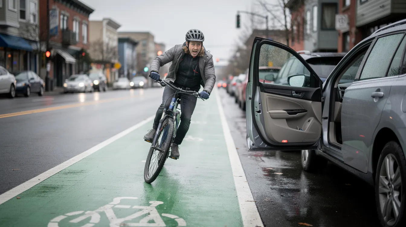 The image depicts a cyclist in Seattle caught in a near-collision with a car door that has suddenly opened into their marked bike lane, illustrating a dangerous scenario caused by driver negligence. The urban environment features wet pavement and parallel parked vehicles, emphasizing the hazards faced by bicycle riders and the importance of legal representation from a Seattle bicycle accident lawyer for injured cyclists.