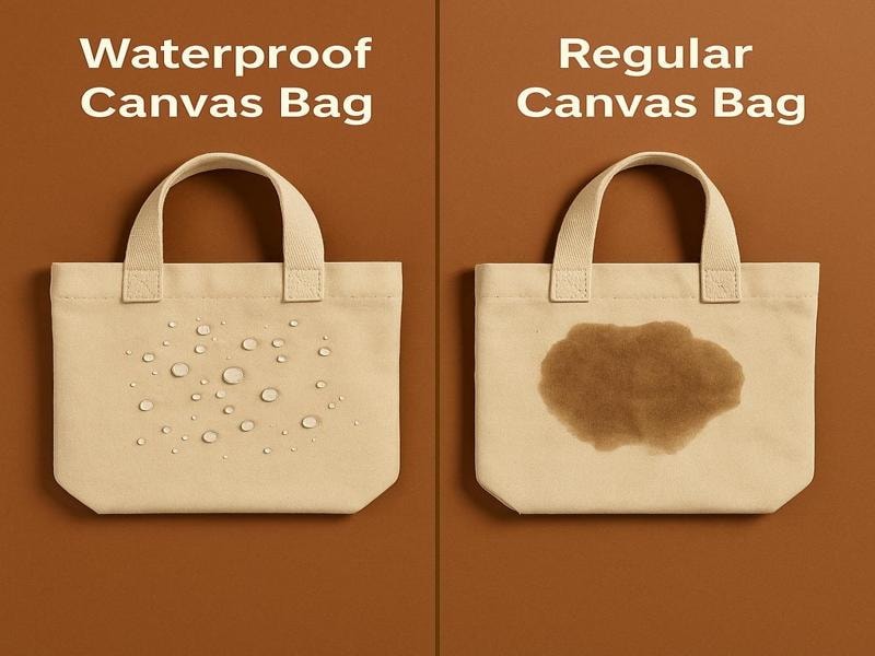 Two beige canvas tote bags are shown side by side. The bag on the left is labeled "Waterproof Canvas Bag" and has water droplets sitting on top. The bag on the right is labeled "Regular Canvas Bag" and has a large wet stain soaking into the fabric.