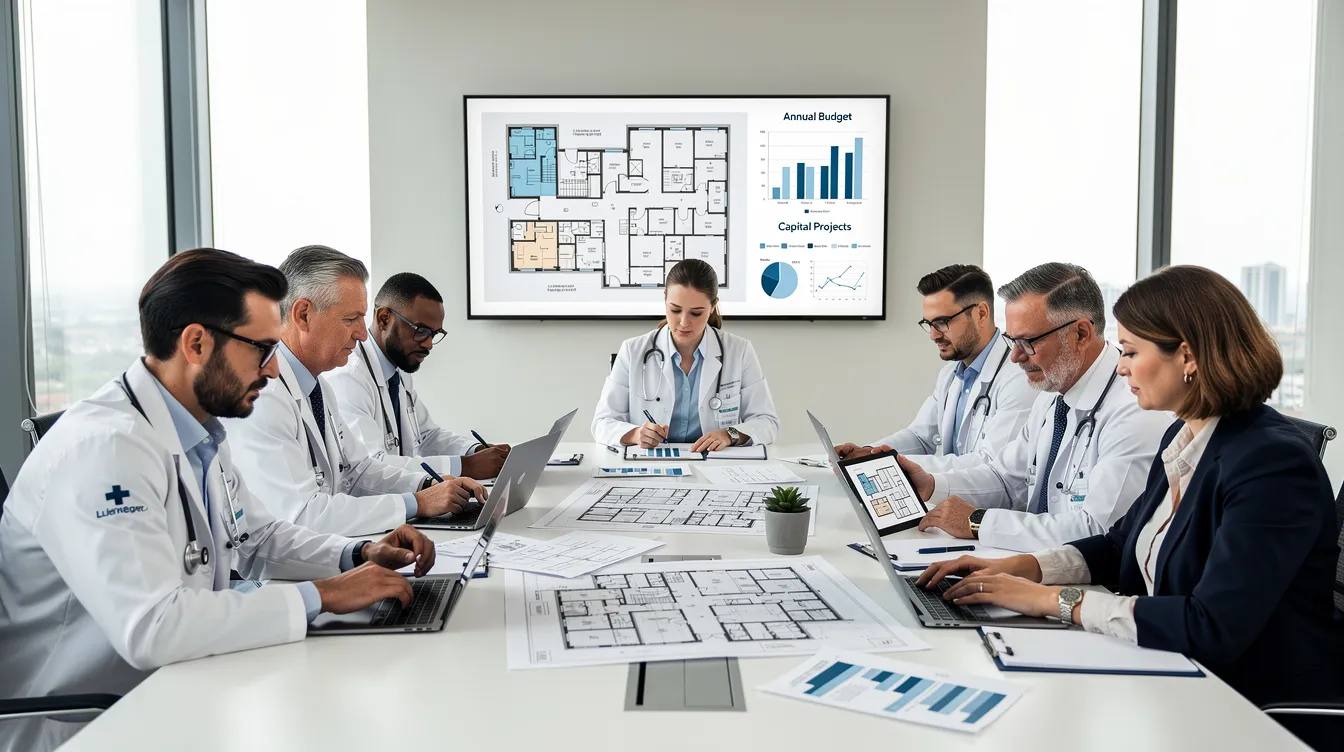 3648be45 853c 4054 8b96 9a106ba0286c A team of qualified medical practitioners and healthcare administrators is gathered around a conference table, reviewing architectural plans and financial documents related to a proposed hospital project. They are discussing important aspects such as the hospital expansion, cash credit, and the detailed project report to ensure the successful establishment of the new healthcare facility.