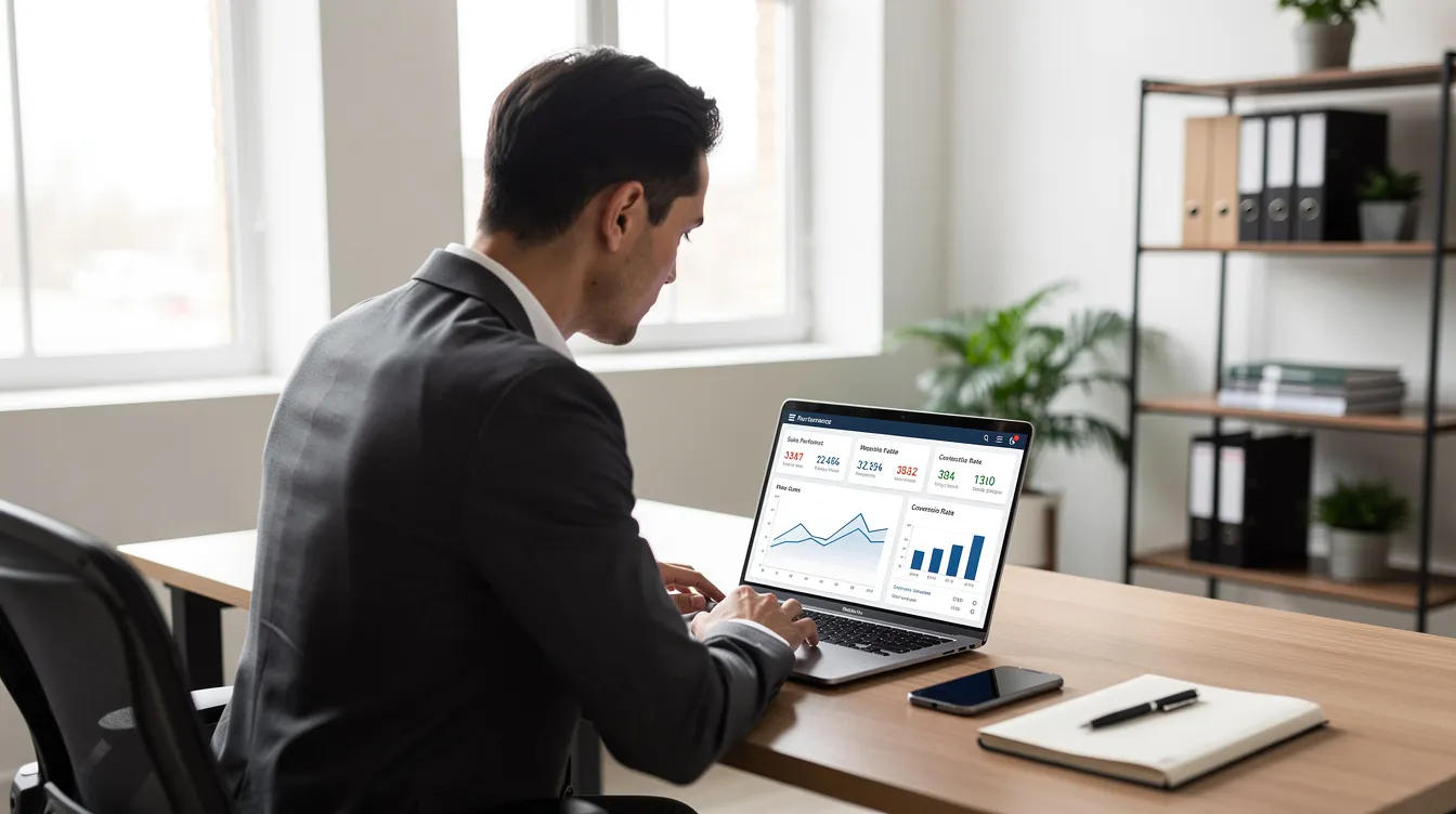 A local business owner is seated at a modern desk, intently reviewing analytics displayed on a laptop screen in a clean office environment. The scene highlights the importance of local SEO strategies for improving online visibility and attracting potential customers through effective digital marketing efforts.