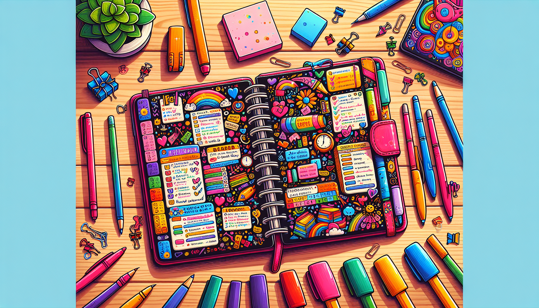 A school planner open on a desk with notes and reminders for students.