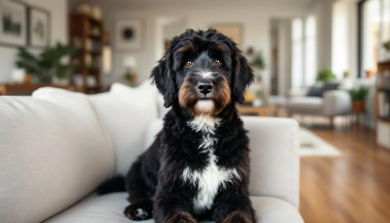 A tuxedo goldendoodle puppy is sitting in a cozy living room, showcasing its classic black coat with striking white markings on its chest. The friendly dog exudes a loving temperament, making it a perfect addition to any family home.