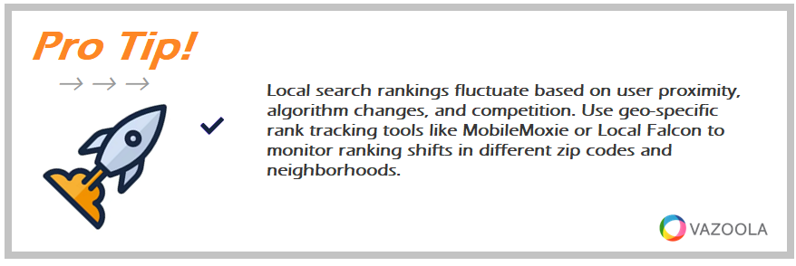 Local search rankings fluctuate based on user proximity, algorithm changes, and competition. Use geo-specific rank tracking tools like MobileMoxie or Local Falcon to monitor ranking shifts in different zip codes and neighborhoods.