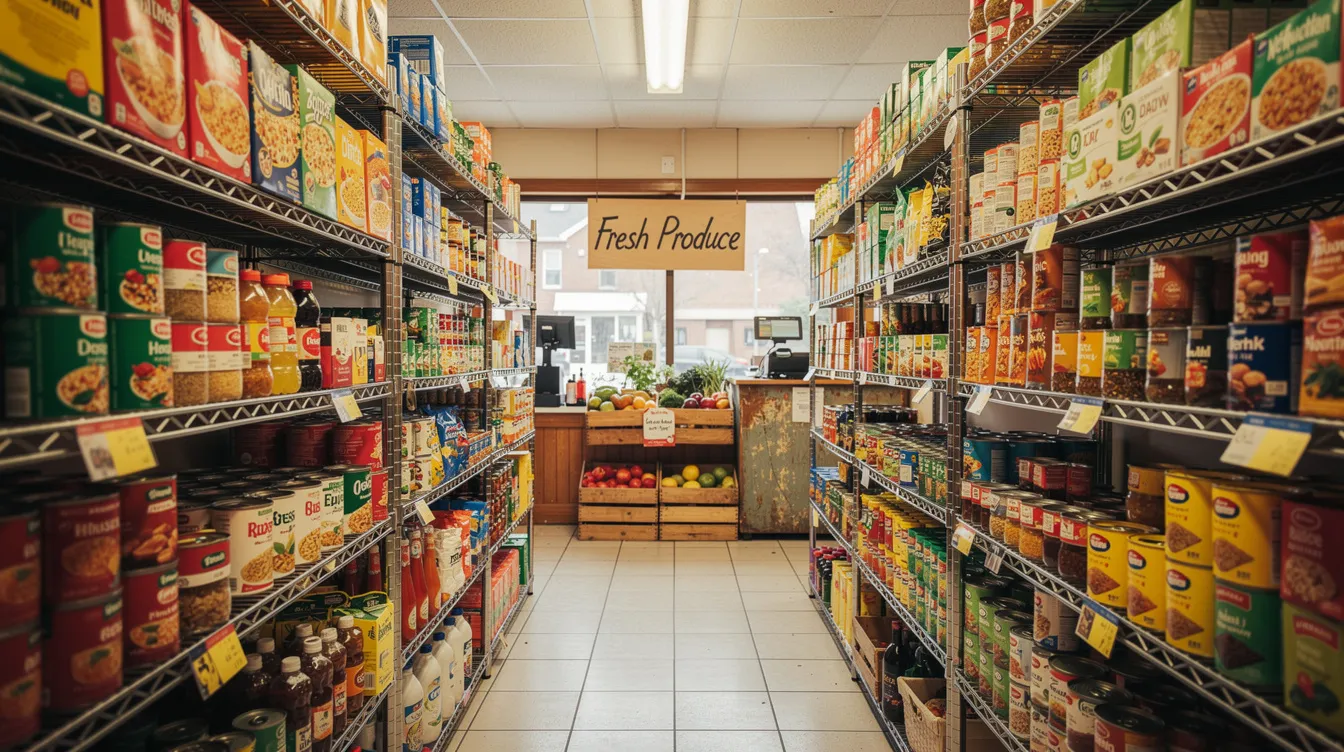 The image depicts a small neighborhood grocery store filled with colorful products neatly arranged on shelves, showcasing a variety of items typically found in micro enterprises. This vibrant setting reflects the importance of small businesses in India, which may seek funding through government schemes like the Mudra loan to support their operations.