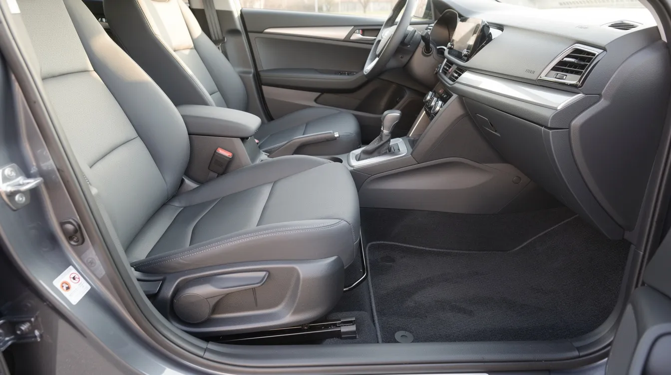 L'intérieur d'une voiture de location est impeccablement propre, avec des sièges gris bien entretenus et des tapis sans taches, reflétant un excellent état de propreté. Ce véhicule est prêt pour une utilisation agréable, sans souci de frais de nettoyage supplémentaires.