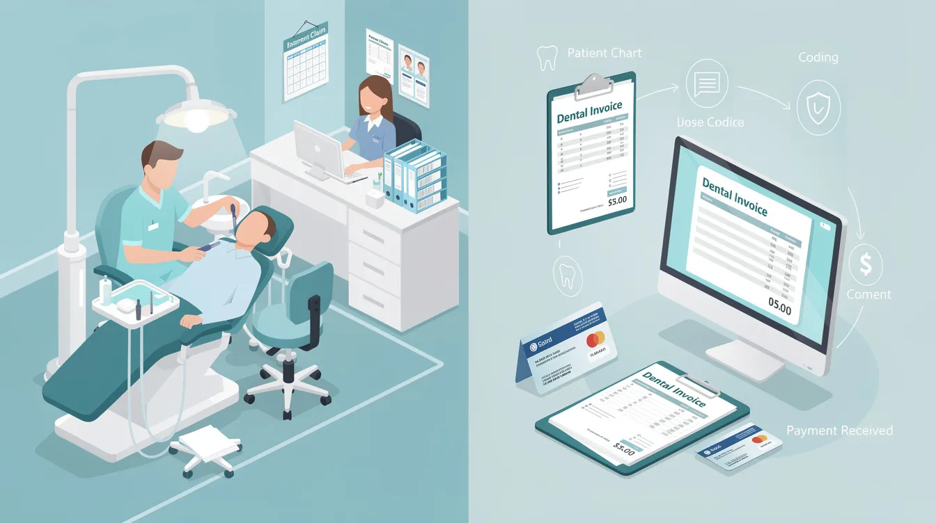 The image illustrates the dental billing process, showcasing various steps involved in managing insurance claims for dental services, including patient billing, claim submission, and payment posting. It highlights the interaction between dental practices, insurance companies, and patients, emphasizing the importance of accurate documentation and timely payments for maintaining financial health in dental offices.