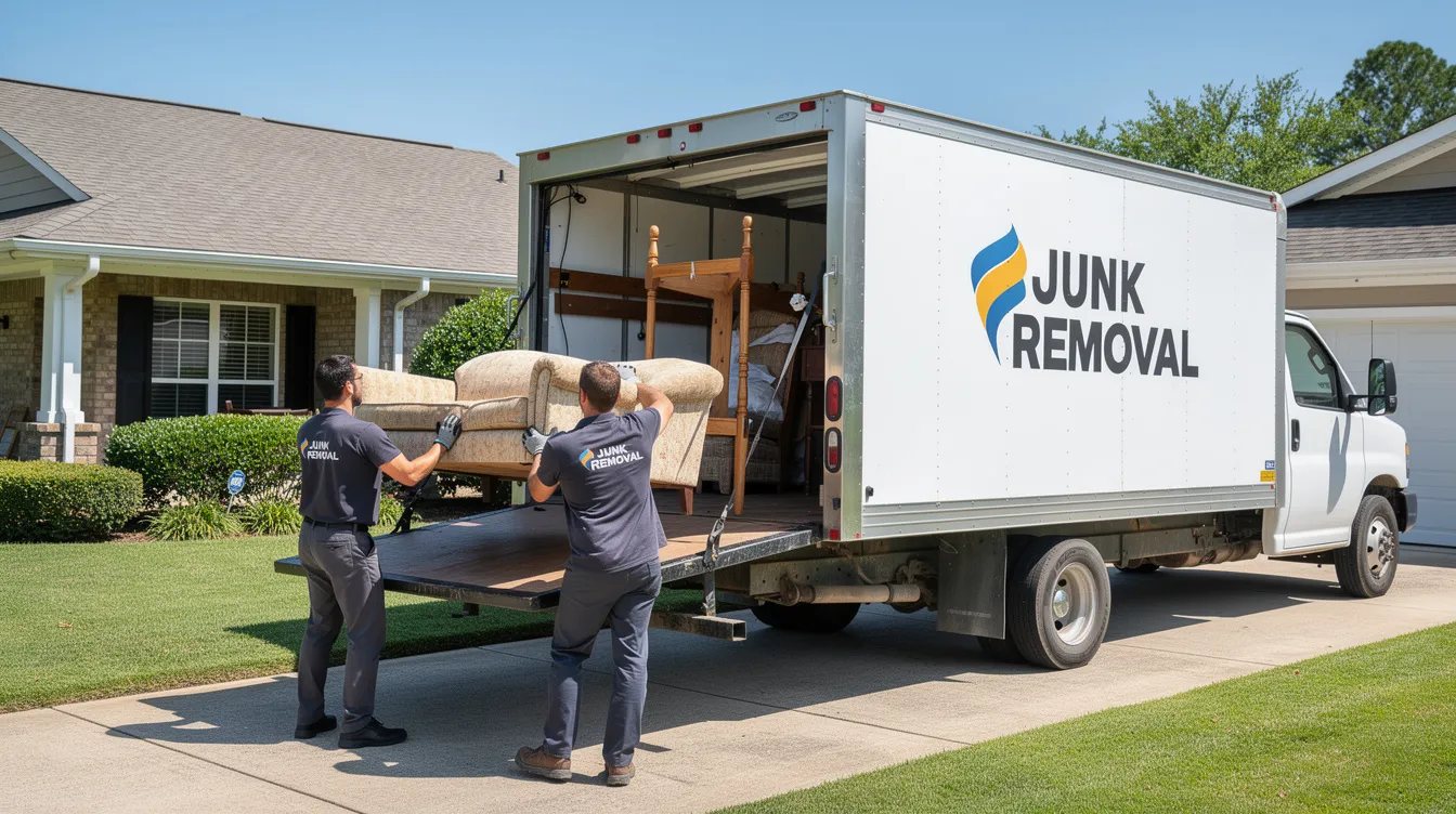 A professional junk removal team is efficiently loading furniture into a clean truck, showcasing their commitment to providing excellent service and attention to detail. This scene reflects a stress-free experience for homeowners as they prepare for a move, emphasizing the team's dedication to making life easier during the transition to a new space.