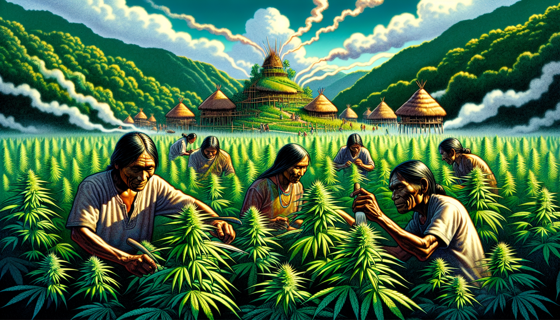 Illustration of hemp plants and Indigenous farmers