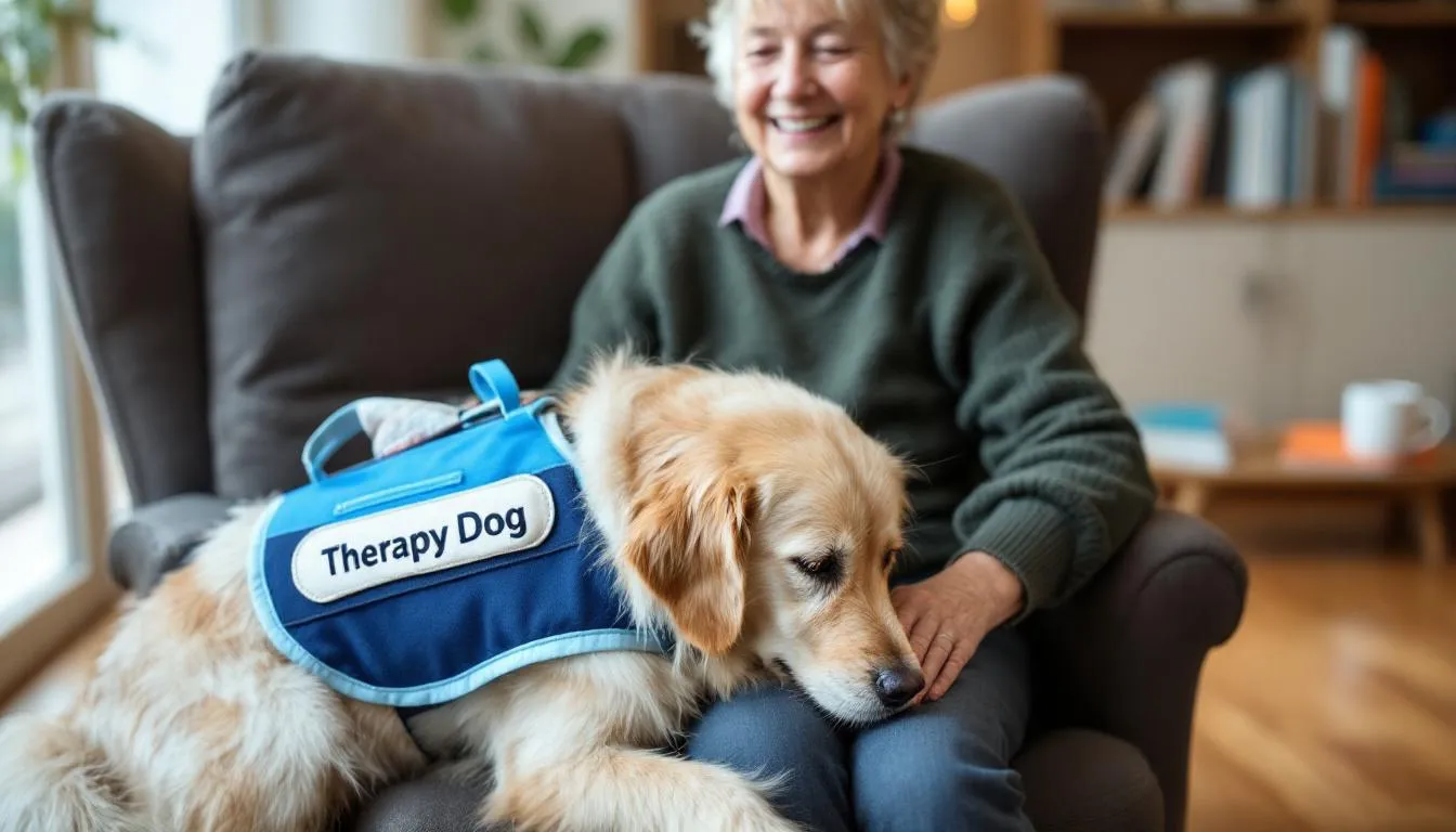 A mini golden doodle wearing a therapy dog vest sits calmly beside an elderly person, showcasing the dog